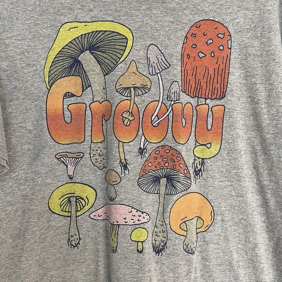 Vtg Fruit of the Loom Groovy Mushroom Graphic T-Shirt Heather Gray Men’s Size XL - Picture 2 of 6